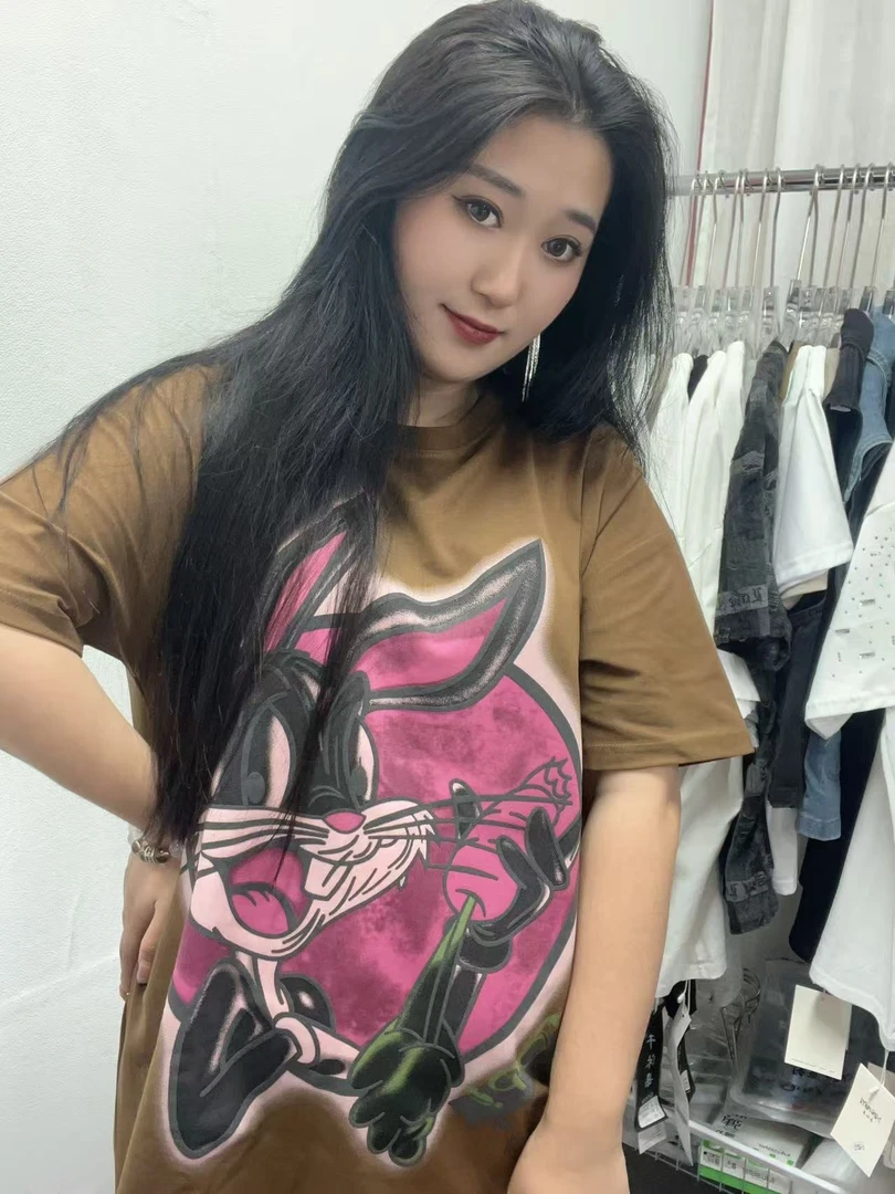 【粉兔子】2025新款百搭休闲潮流大版T恤遮肚遮肉宽松