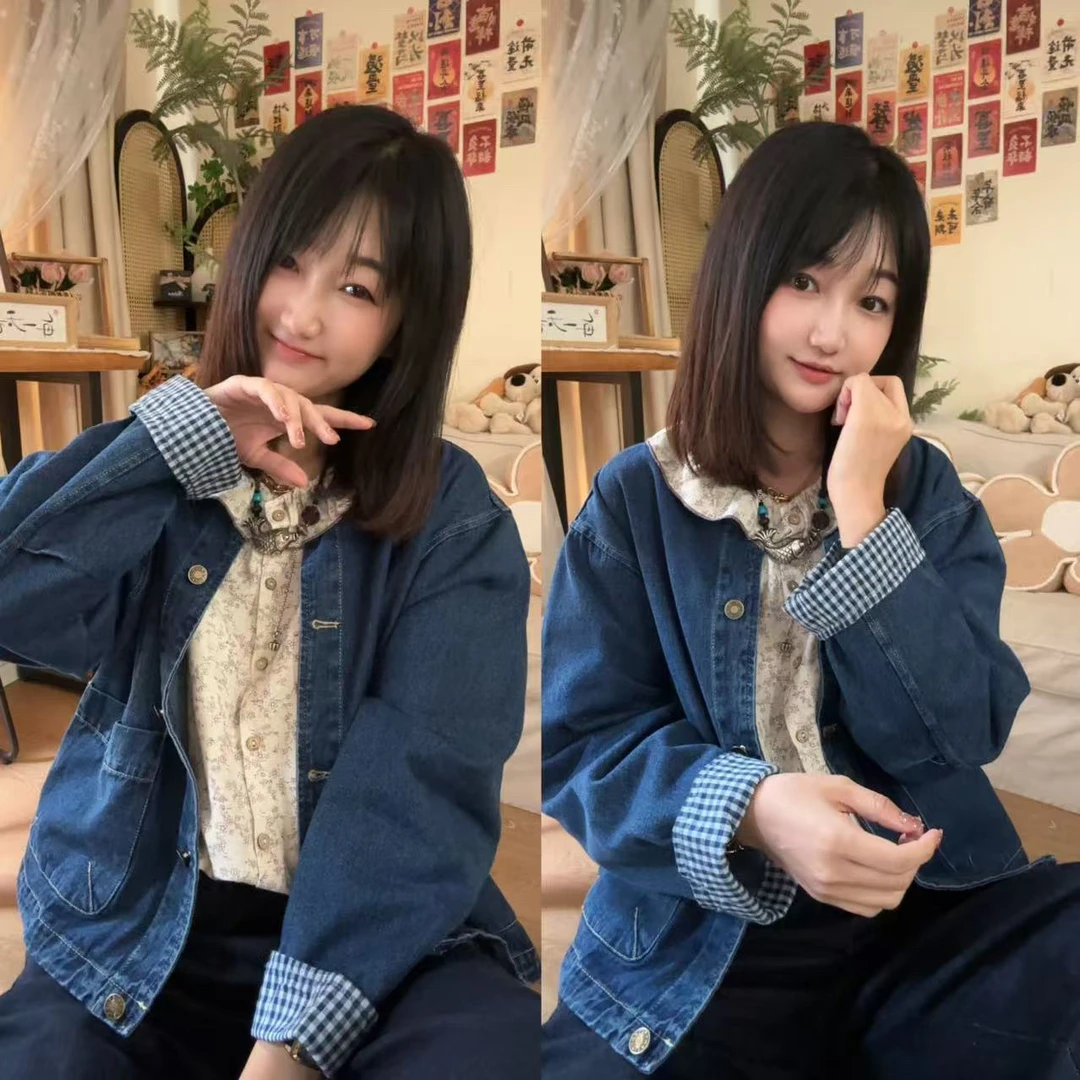 【蓝色多瑙河】早秋新款  时尚百搭拼接格子圆领宽松牛仔外套
