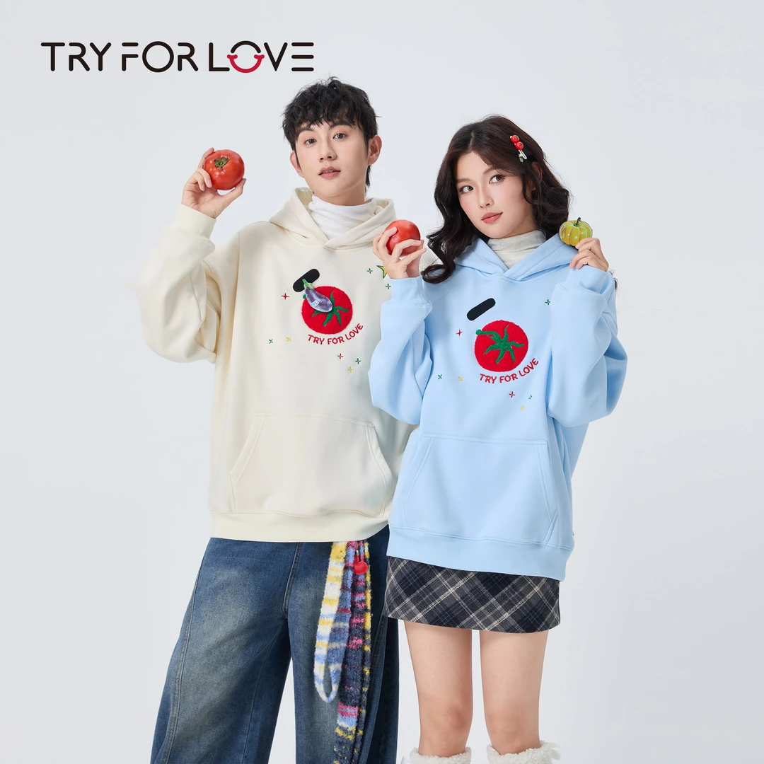 TRYFORLOVE新款宽松小众设计师连帽卫衣植绒刺绣卫衣加厚情侣外套