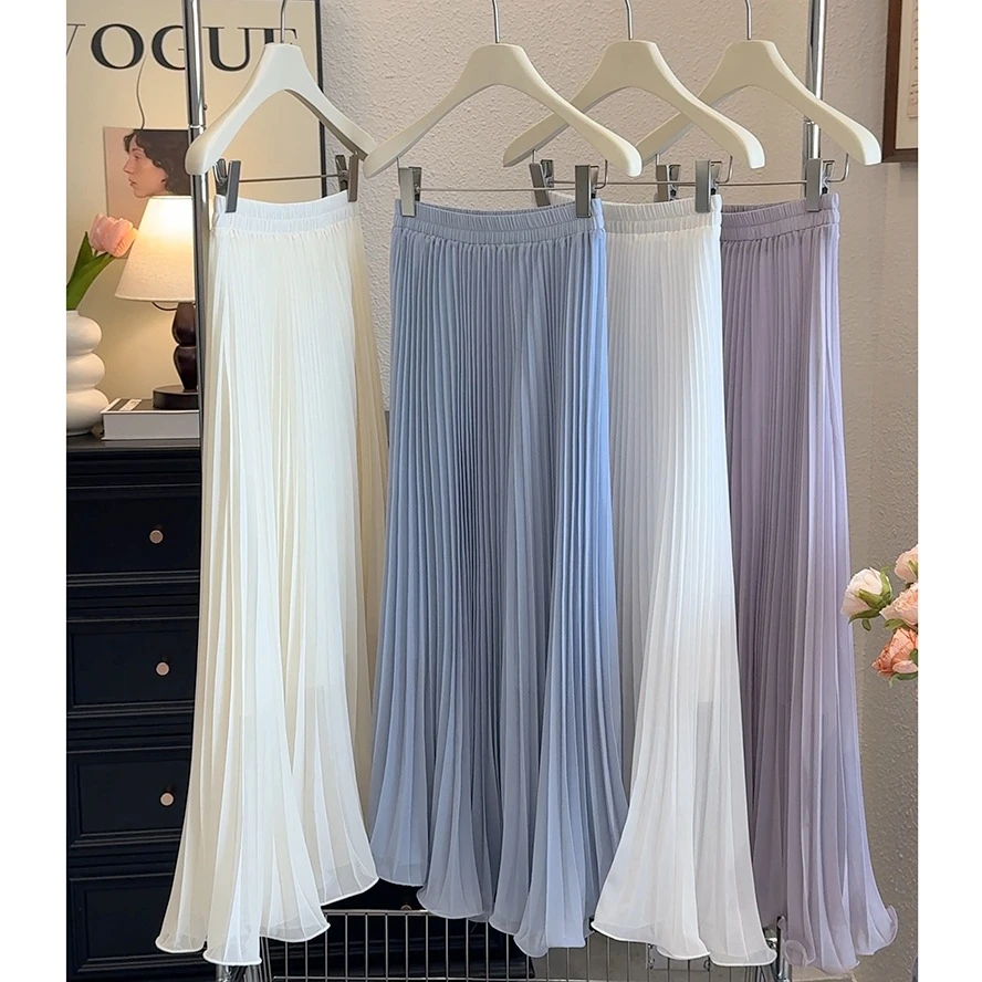 【百搭显高】雪纺垂感大摆半身裙女2025夏季新款百褶裙加长裙子