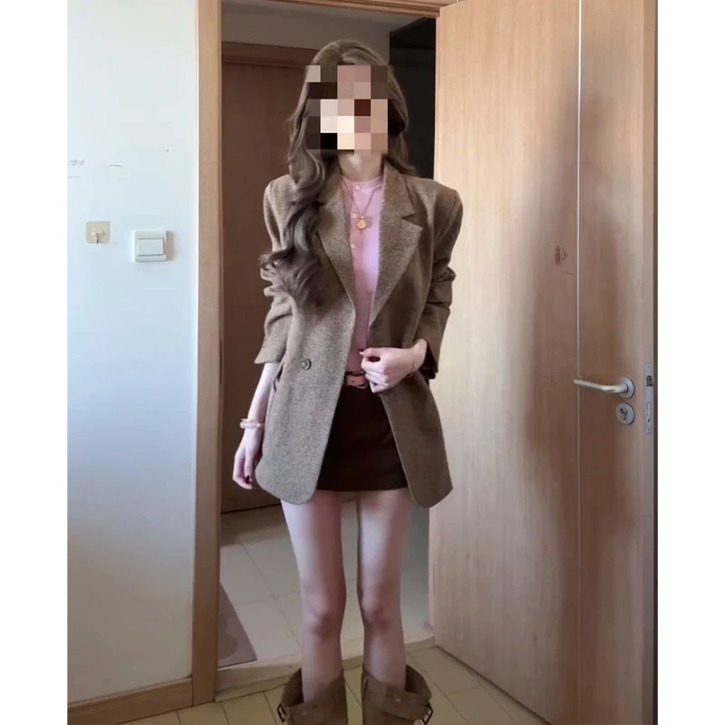 2025秋季新款女韩系穿搭宽松翻领长袖西装外套气质高腰显瘦半身裙