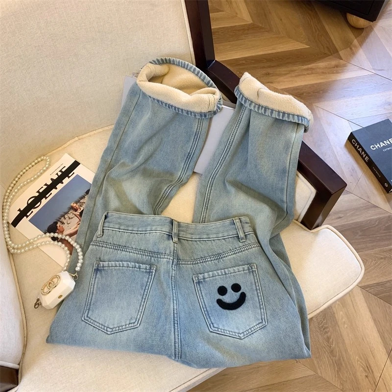 韩系浅蓝色笑脸刺绣阔腿加绒牛仔裤女春季宽松高腰窄版直筒拖地裤