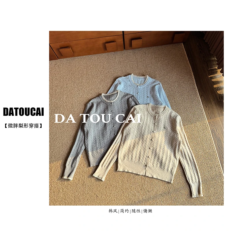 小香风圆领单排扣蕾丝边针织开衫上衣女25年秋冬新款显瘦洋气毛衣