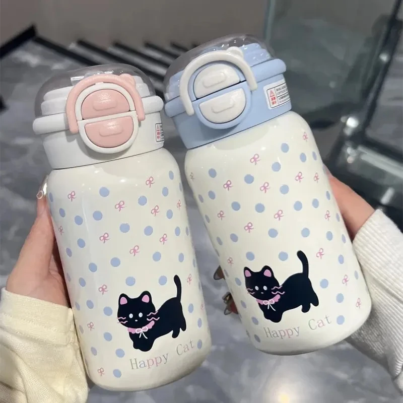 猫狗双饮316不锈钢保温杯可爱杯子学生便携提环高颜值水杯吸管杯