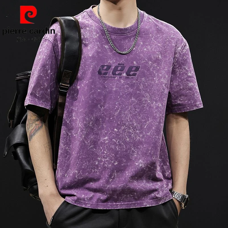 皮尔卡丹美式重磅水洗短袖t恤男士夏季大码衣服半袖高端紫色体恤