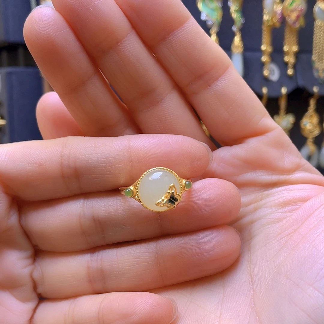 和田玉银S925镀金镶嵌戒指