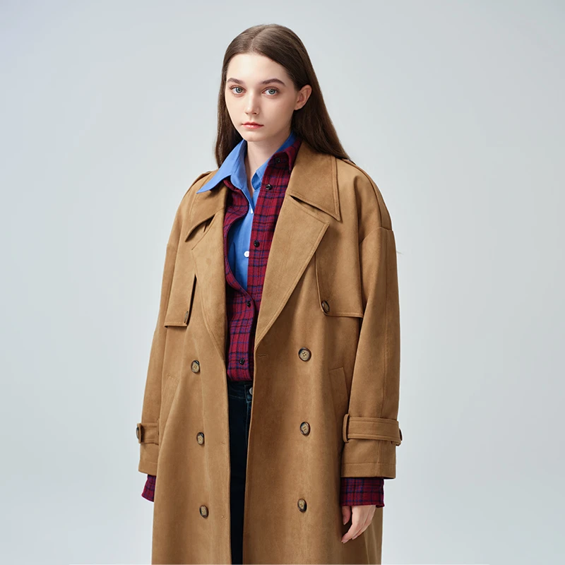 JENDES廓形裁剪设计咖色中长款毛呢外套女气质翻领毛呢大衣