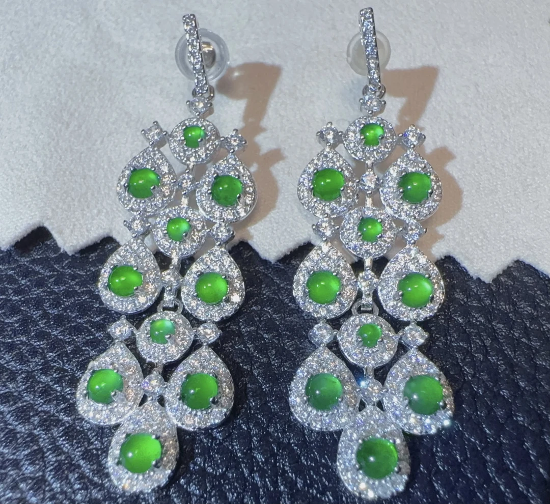 【亭亭玉立】天然A货翡翠阳绿蛋面耳坠流苏耳钉质感s925银YD0301