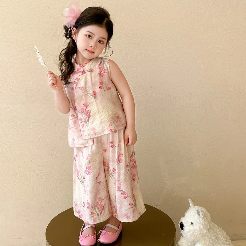 女童汉服套装2025新款女宝新中式背心阔腿裤郁金香夏装国风两件套