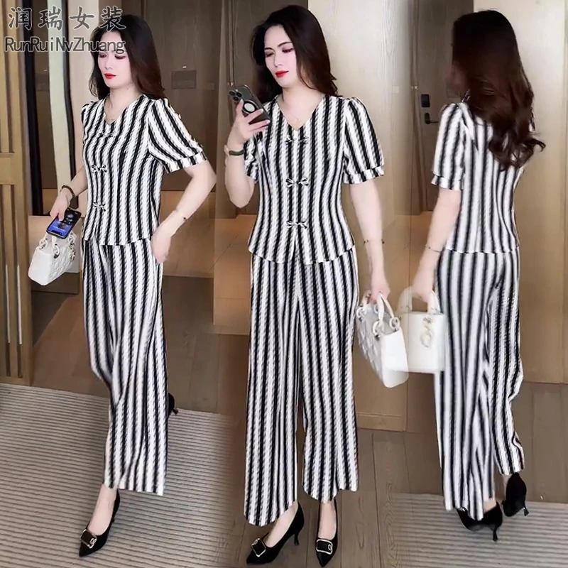 复古港风新中式条纹裤阔腿裤休闲风妈妈装时尚套装短袖夏季两件套