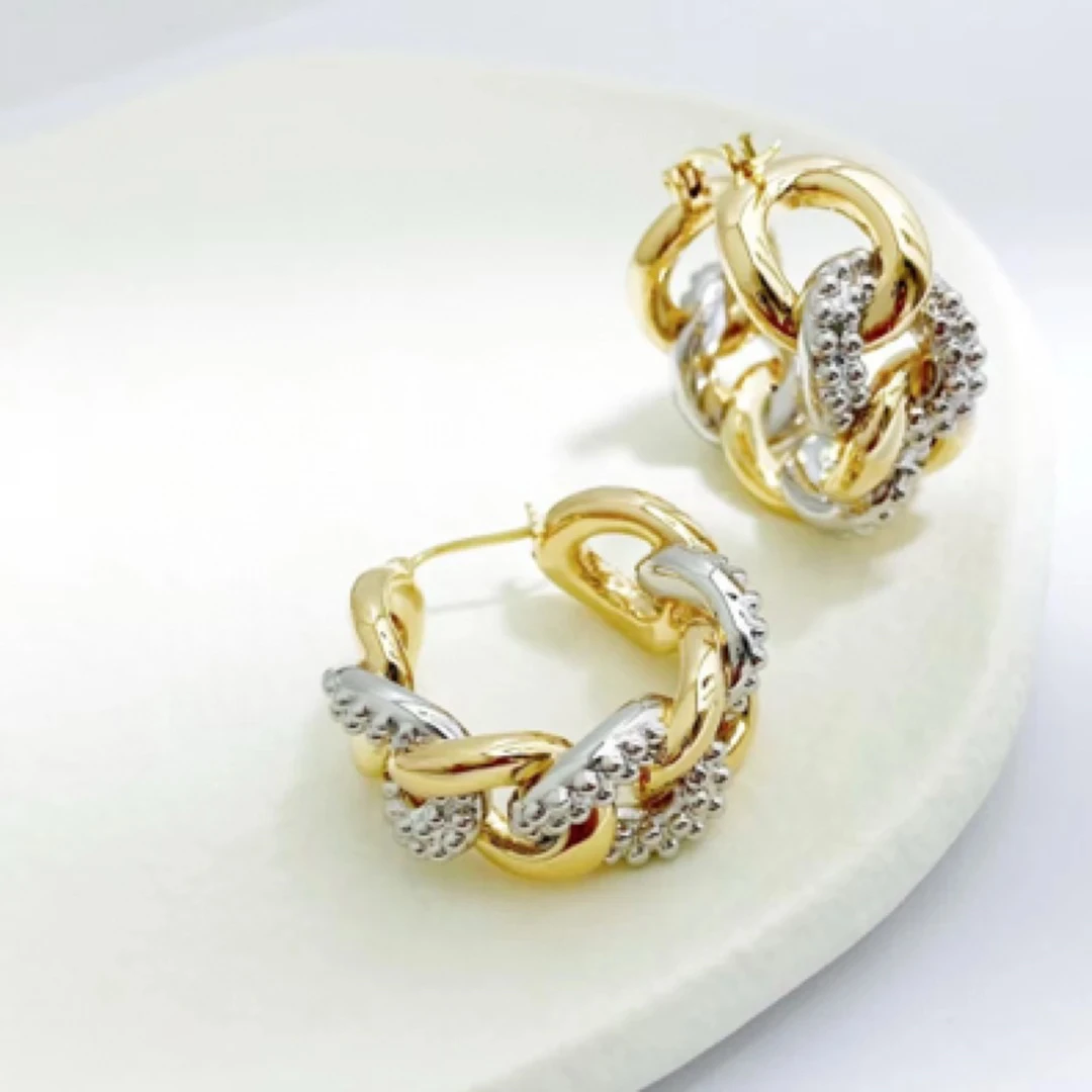 OUMU/欧慕18K金双色古巴链条大耳圈酷飒编织气质欧美轻奢耳环时尚