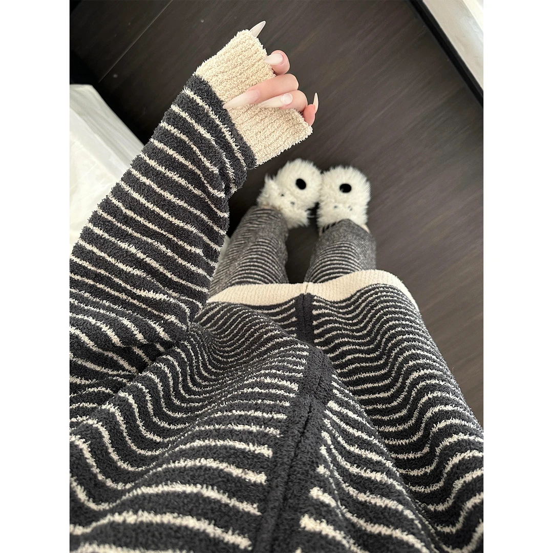 慵懒风撞色条纹半边绒睡衣女秋冬季针织开衫保暖家居服套装可外穿