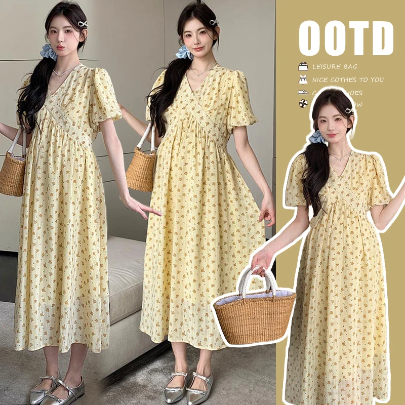 新款2025孕妇装夏装V领显瘦长裙中长款宽松韩版碎花孕妇连衣裙潮