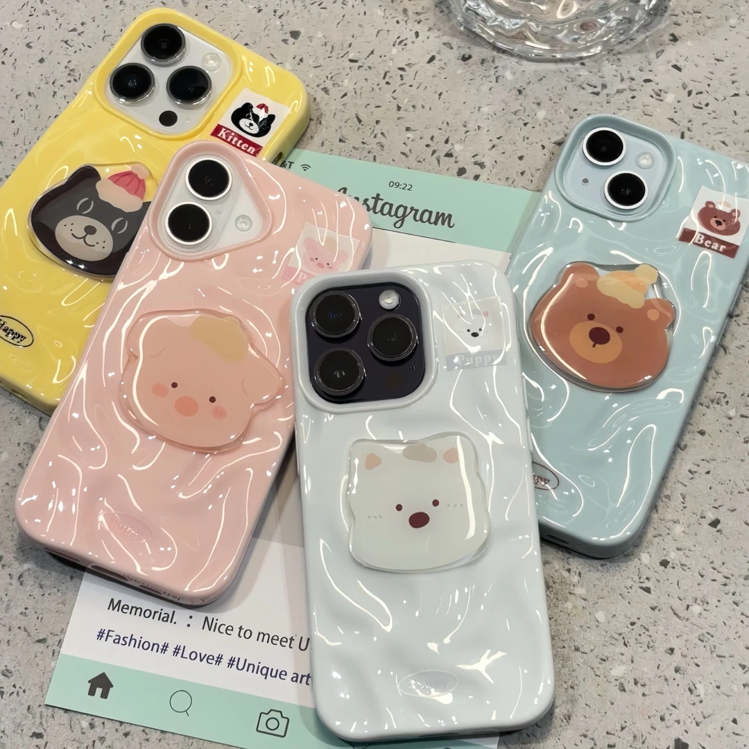 趣味动物贴片适用苹果16Promax褶皱手机壳iPhone15/14陨石纹13/12
