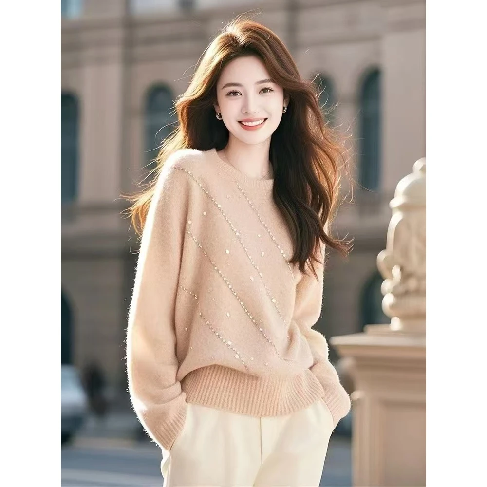 宽松软糯慵懒风奶fufu的氛围感高级感淑女气质藕粉色毛衣秋冬季