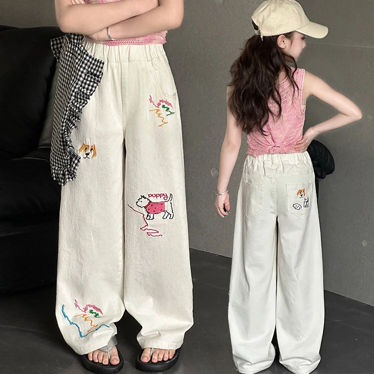 女童白色卡通刺绣休闲长裤春装新款大童窄版阔腿直筒牛仔棉布裤子