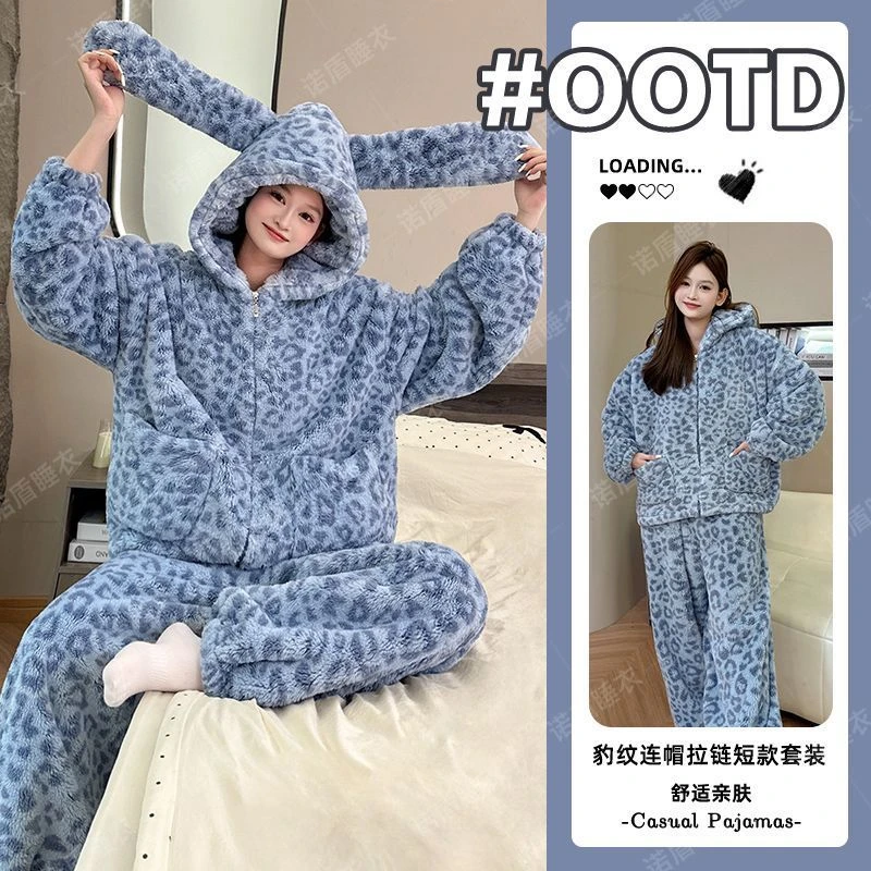 秋冬季长毛绒连帽睡衣女款豹纹保暖加绒加厚珊瑚绒家居服套装外穿
