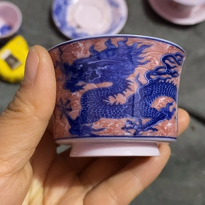 摆件陶红稀土釉里红龙小马蹄杯