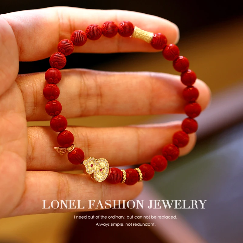含辰砂工艺品顺遂葫芦 • 朱砂手链手串 • 925银• 约6mm（多样性）