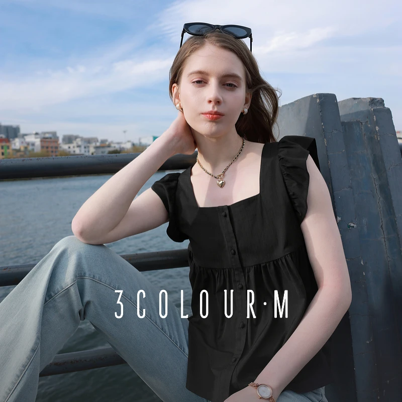 三彩2025夏季新款复古方领飞飞袖衬衫短款宽松娃娃衫显瘦衬衣女M