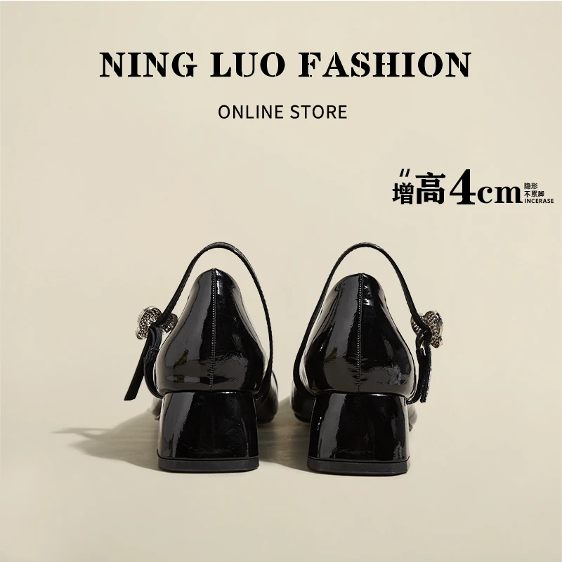 CRUML&KECCI 柔软舒适~2025新款方头拼色一字扣粗跟高跟鞋女浅口