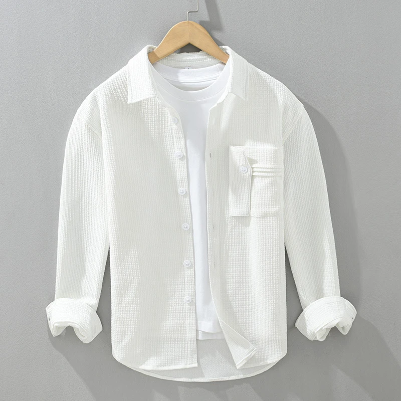 肌理感男士长袖衬衫2025春季新款轻奢男装泡泡纱白色潮牌休闲衬衣