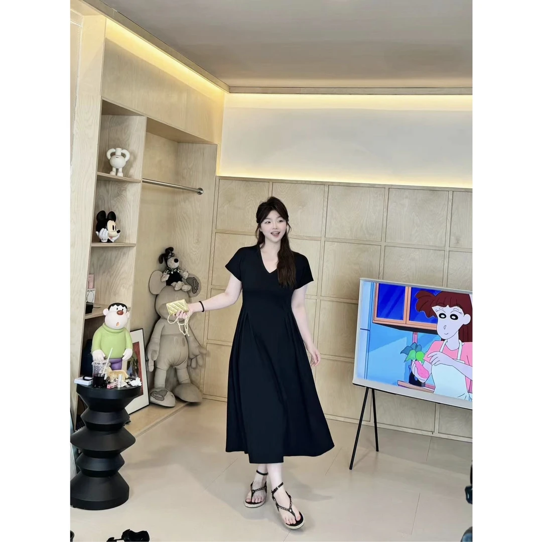 晶咕【芭蕾裙】法式纯色V领腰部捏褶收腰A字大裙摆短袖连衣裙