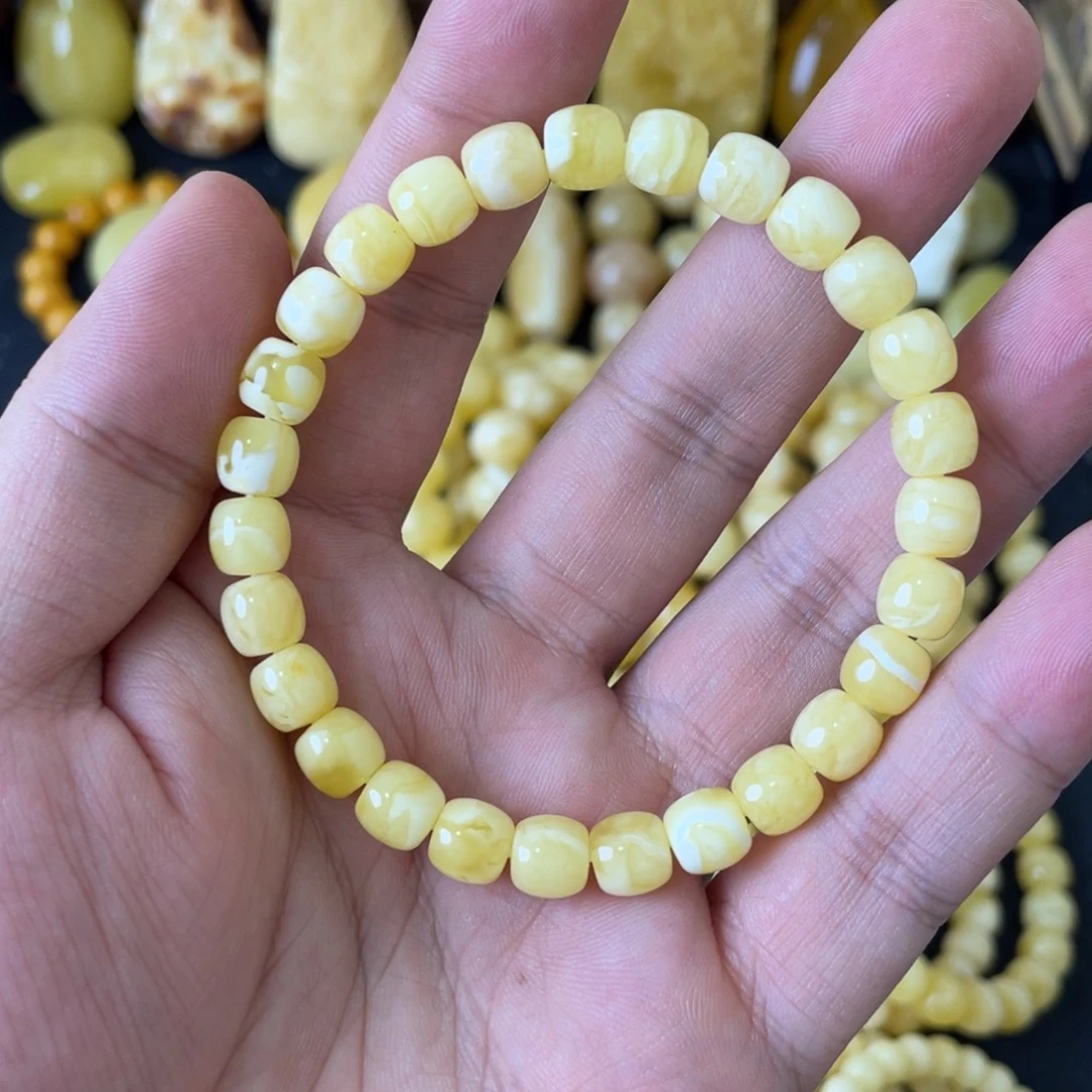 琥珀未镶嵌手串7+俄料高桩妖白花精工老型手串