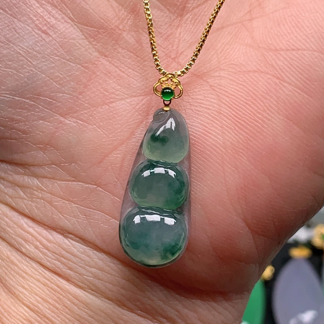 缅甸天然翡翠A货 冰润飘花福豆163/707（尺寸24.1x10.6x5)