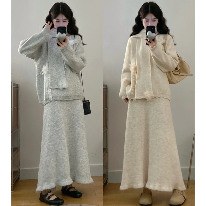 大码胖mm秋冬温柔风立体花朵V领软糯针织衫上衣+半身裙两件套装女