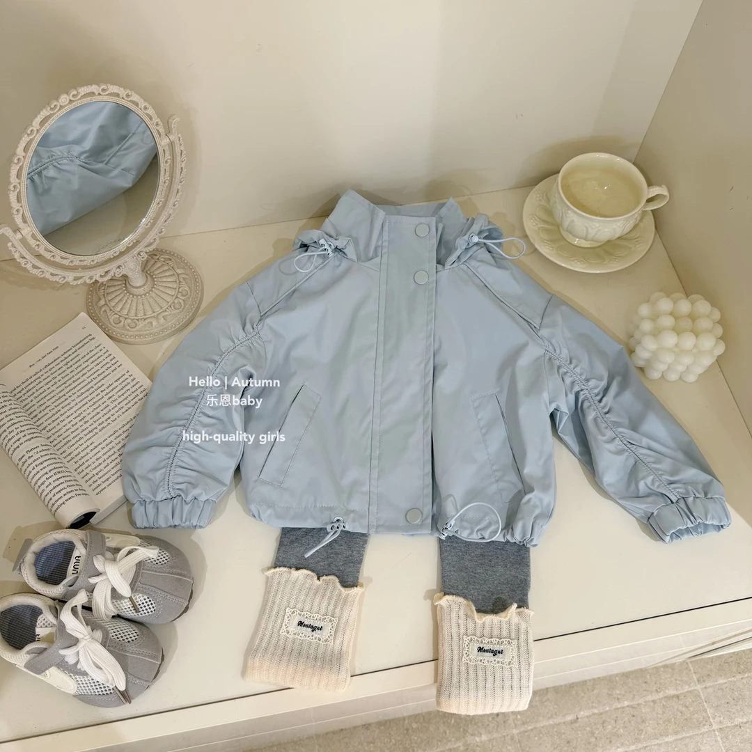 【乐恩童装】原创设计女童2025春秋季蓝色连帽风衣灰色打底裤套装