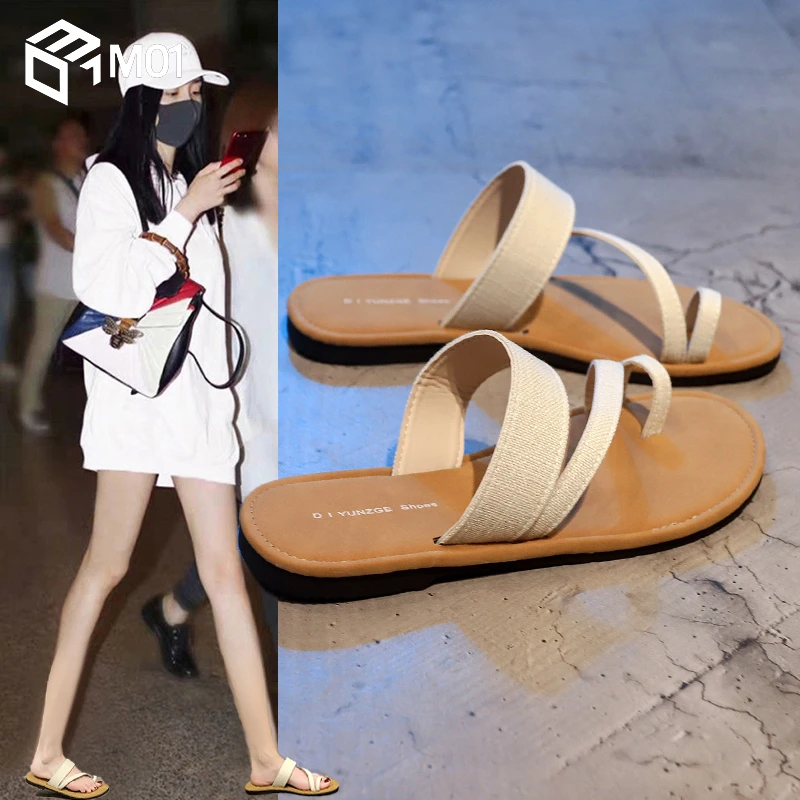 M01爆款平底套趾一字拖鞋女夏2025时尚百搭沙滩百搭配裙子凉拖鞋
