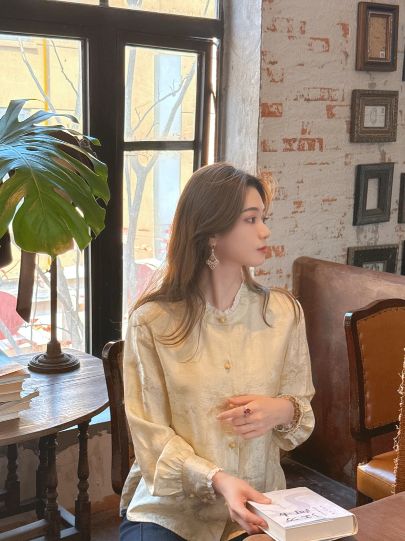 【芷兰】桑蚕丝新中式国风茶香复古休闲时尚外套黄色百搭长袖24469