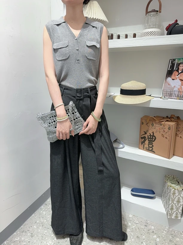 玫楸灰色腰带阔腿直筒通勤气质防牛仔女