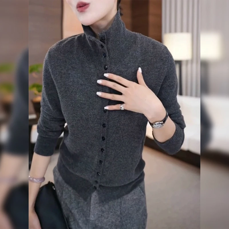 高级感早秋极简休闲法式针织开衫外穿立领上衣叠穿软糯外套