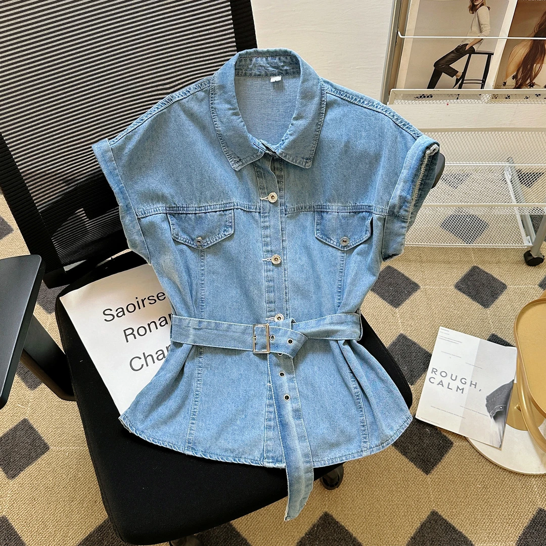 收腰设计感衬衫女POLO领复古时尚牛仔休闲衬衣韩版短袖静奢风工装