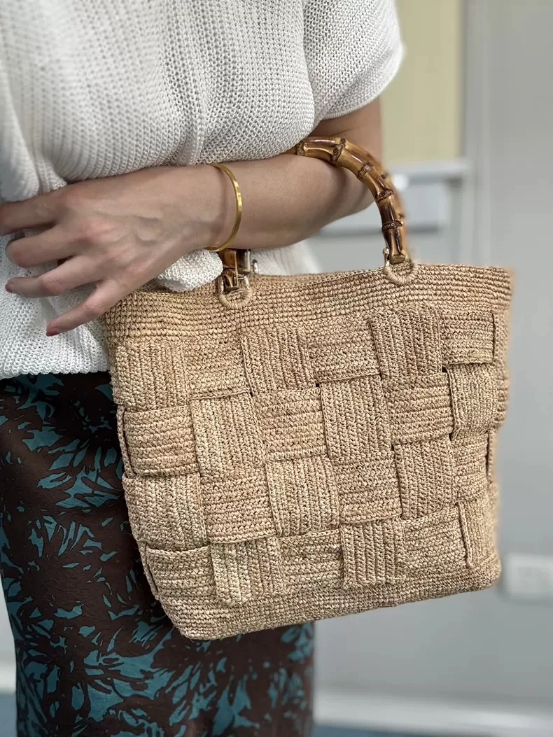 竹节拉菲草包女士手提包时尚草编包手工包