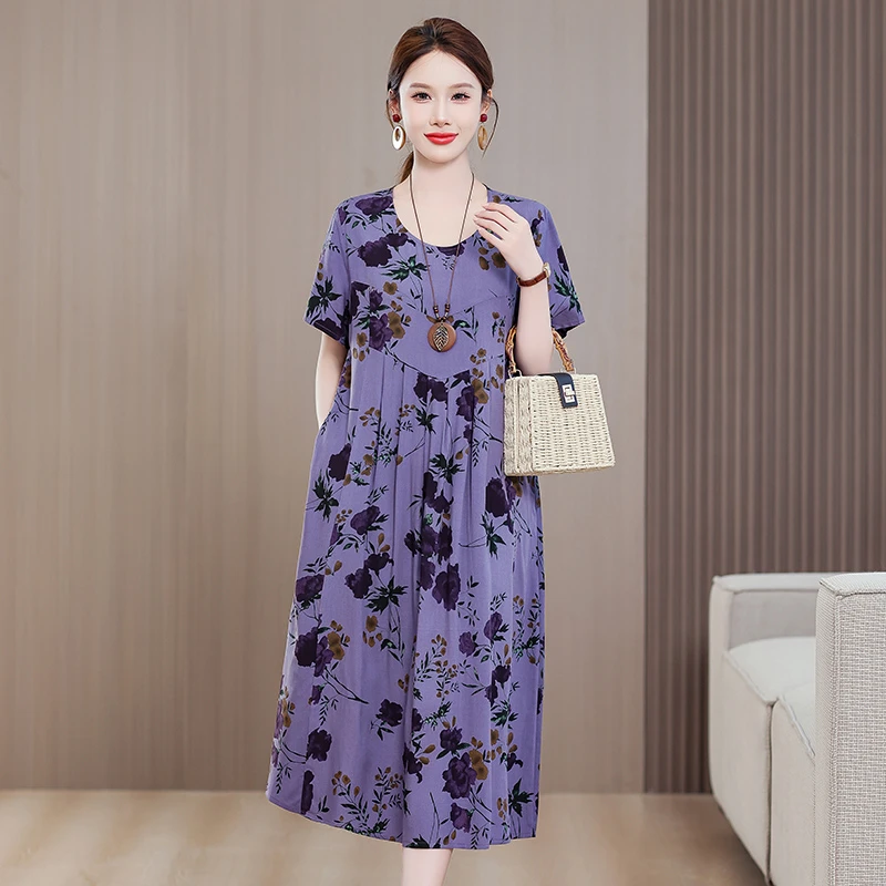 显瘦中老年女装裙子洋气睡裙印花夏季休闲风碎花中长款爆款连衣裙