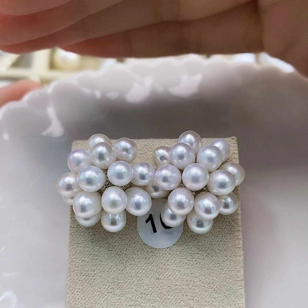 银S925镶嵌特价极光手工多珠耳饰淡水珍珠
