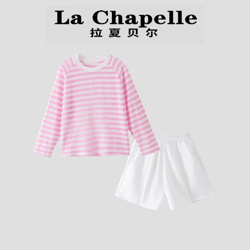 La Chapelle【拉夏贝尔】夏季时尚女童圆领薄款条纹两件套LD1690