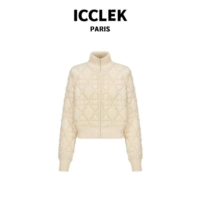 ICCLEK 立领藤格纹长袖针织开衫 气质 轻奢 名媛 -3023