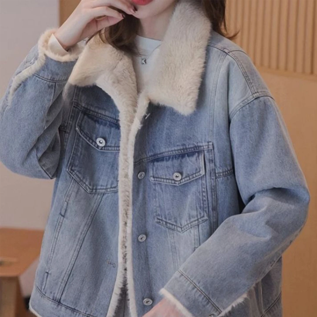 2025冬季仿兔绒翻领牛仔外套女加绒加厚韩系小个子短外套保暖宽松