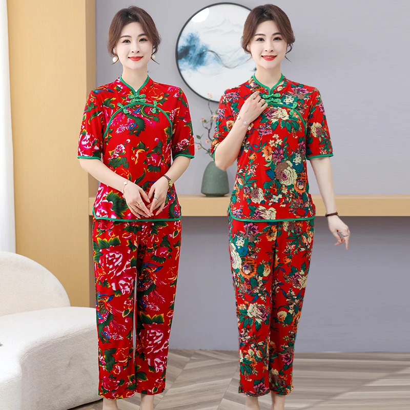 东北大花夏季冰丝套装妈妈装广场舞扭秧歌演出服民族风姐妹聚会服