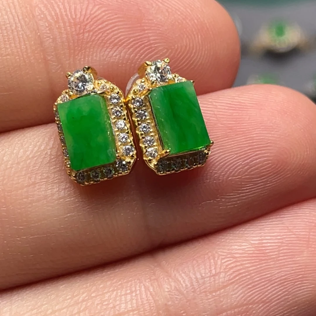 翡翠银S925镶嵌耳饰纯天然缅甸翡翠