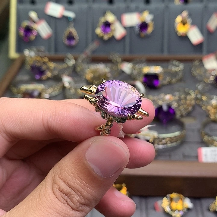 水晶戒指银S925镀金镶嵌