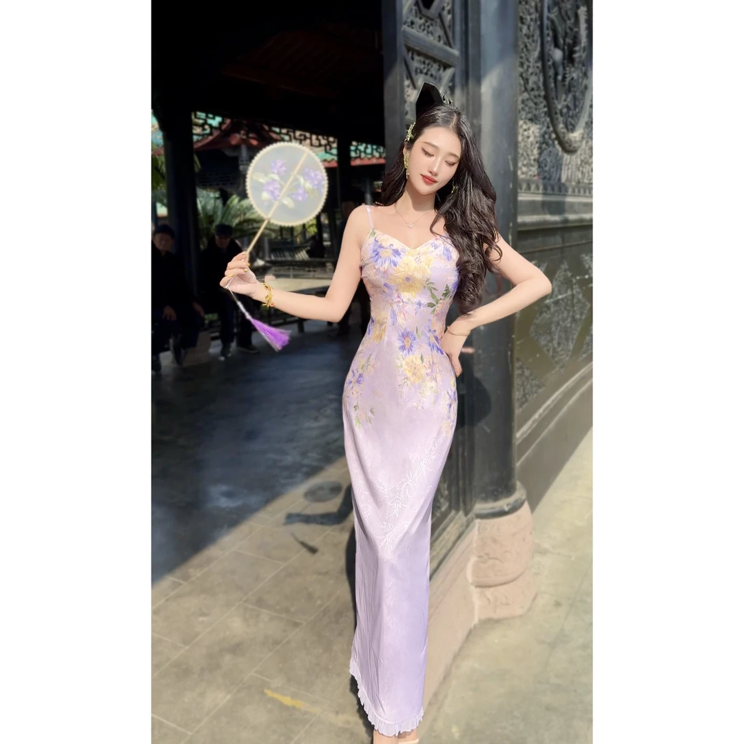 【媛珠 紫风铃】重工新中式国风印花贵气吊带裙长款收腰显瘦春夏