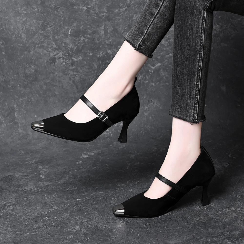 真皮羊皮金属铁头浅口单鞋2025春秋新款时尚百搭方头一字带高跟鞋