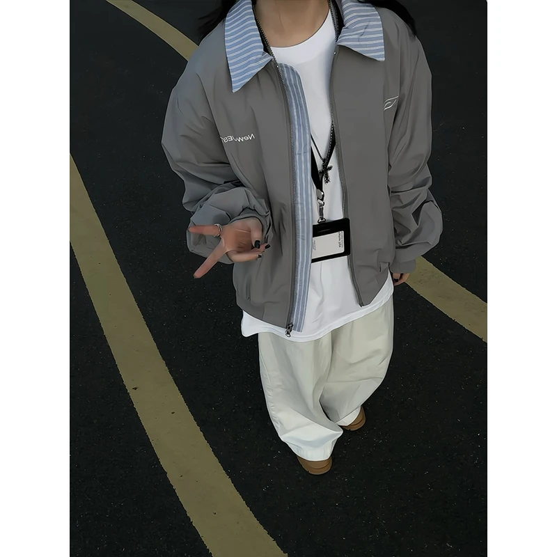 美式复古假两件刺绣条纹撞色翻领夹克男女学院风宽松休闲工装外套