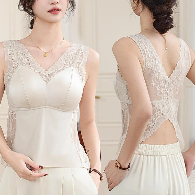 9971蕾丝美背交叉吊带背心女内搭大码打底带胸垫薄款