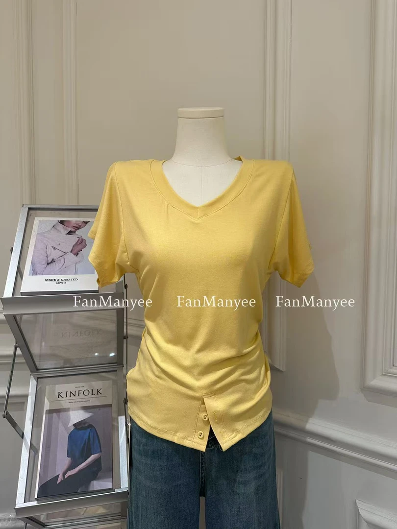 【松弛满分】#440夏季韩系V领百搭下摆纽扣设计感短袖上衣x
